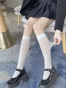 Women's Knee High Stockings, Thin Transparent Cross Diamond Pattern Jacquard, Japanese College Style Long Tube Seamless Socks