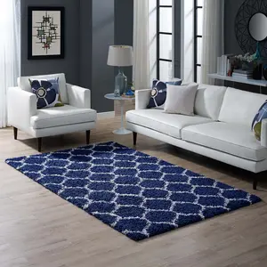 Modway Solvea Moroccan Trellis 5x8 Shag Area Rug in Navy and Ivory