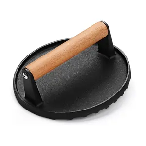 Cast Iron Hamburger Press with Wooden Handle, Round Non-stick Hamburger Press, Kitchenware Barbecue Utensils for Home Kitchen Outdoor Camping