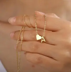 Dainty 18K Gold Plated Initial Heart Necklace - Stainless Steel Personalized Monogram Letter Necklace, Minimalist Tiny Heart Pendant for Women