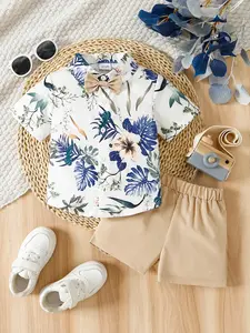 Baby Boy Blue Floral Two-Piece Set, Printed Short Sleeve Shirt with Bow Tie, Solid Shorts, Preppy Style, Soft and Comfortable, Baby Clothing