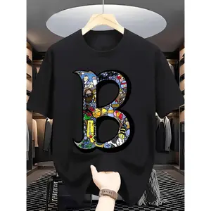 Men's Summer Casual Crew Neck T Shirt with Slight Stretch Polyester Knit Fabric Short Sleeve Tee Featuring Alphabet Print Pattern