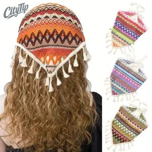 Bohemian Triangle Hair Scarf For Women, Striped Fringe Tassel Knitted Headband, Lace Up Boho Chic Headscarf, Ideal For Summer Vacation Festival Beach Daily Outfit