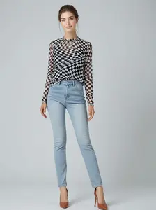 Black Checkered Mesh Mock Neck Long Sleeve women's Top, Fashion Casual Blouse For Women, Slim Breathable Stylish Apparel For Daily Street Party And Matching Outfit Occasions SummerVibes
