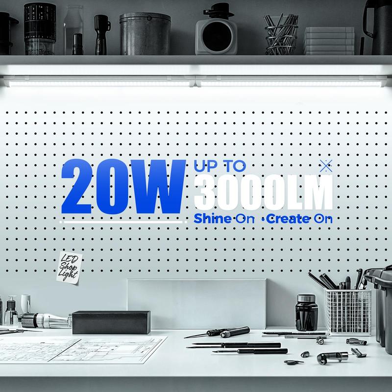 Barrina T8 LED Shop Light 2ft, 20W 3000LM 6500K, Linkable Shop Light Fixture for Room, Garage, Workbench, Warehouse, 2 Packs