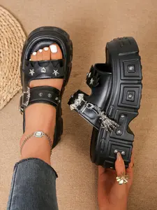 Summer New Punk Style Skull Pendant Star Rivet Thick Sole Slippers, Height Boost Slimming Daily Wear Anti-Slip Platform Sandals