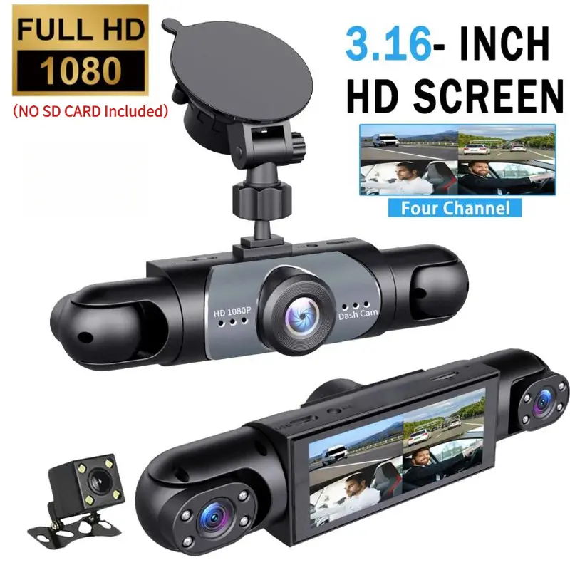 4 Channel Car Dash Cam 1080P HD DVR Night Vision Parking Mode 3.16" Screen Front Rear Left Right Cameras Dashcam (NO SD Card Included)