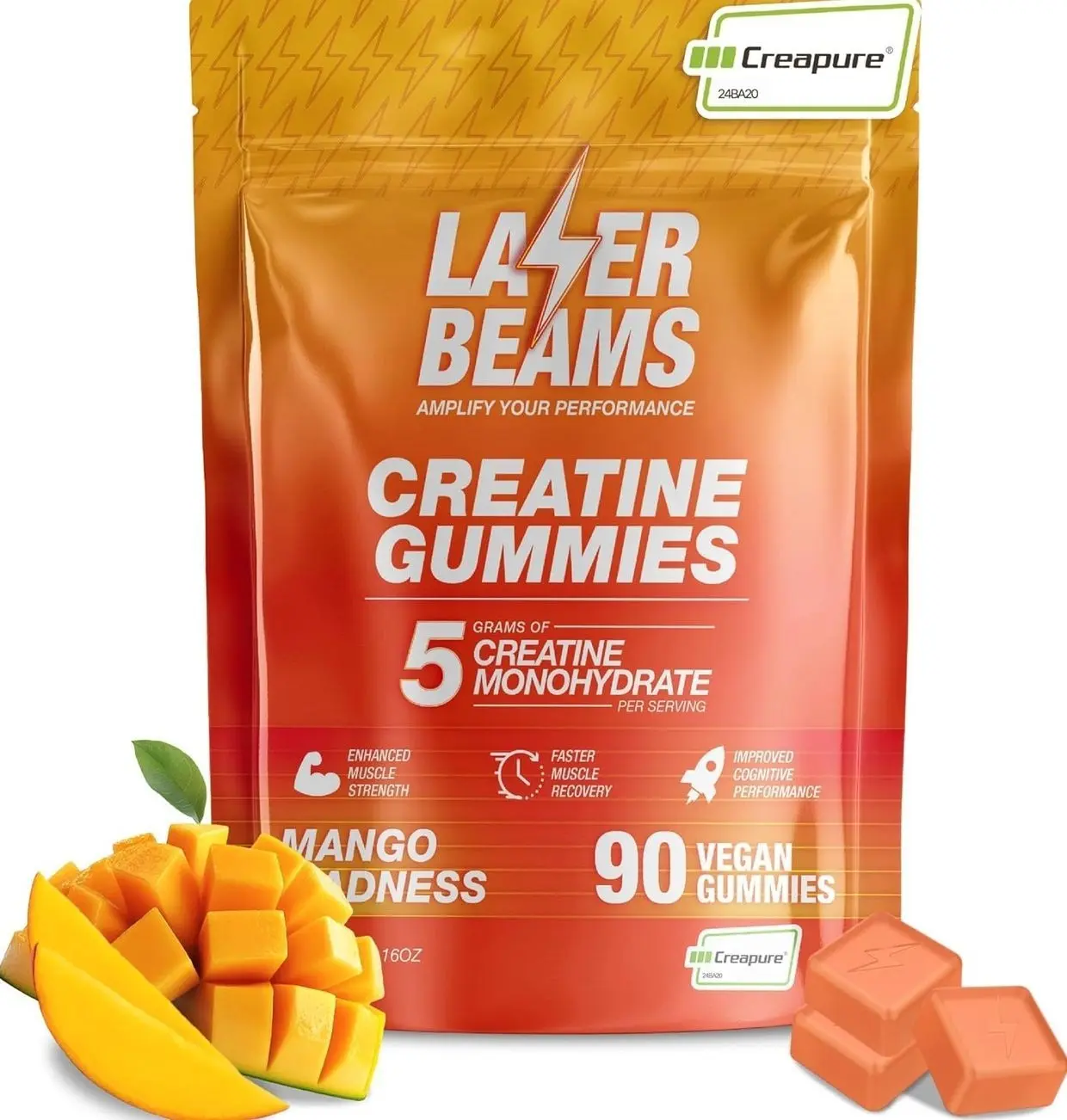 Creatine Monohydrate Gummies for Women & Men - 5g Creapure Creatine per Serving - Vegan, Mango Flavor - Boost Muscle Strength, Endurance, Recovery & Mental Focus (90 Gummies)