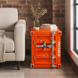 Container Storage Side Table End Tables Industrial Wind Bedside Table, Container Style Locker Wrought, Iron Bilayer Side Table, for Bedroom/Living Room, Old Orange