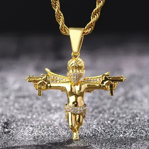 Hip-Hop Gold-Plated Masked Angel With Wings And Dual Swords Pendant Necklace, Solid Micro-Inlaid Zircon Jewelry