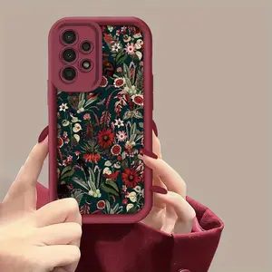 Vintage Floral Wine Red High Bamboo Shockproof Anti-Drop Phone Case for All Samsung Series Smartphones, Classic Stylish Protective Cellphone Cover, Handheld Devices Accessories