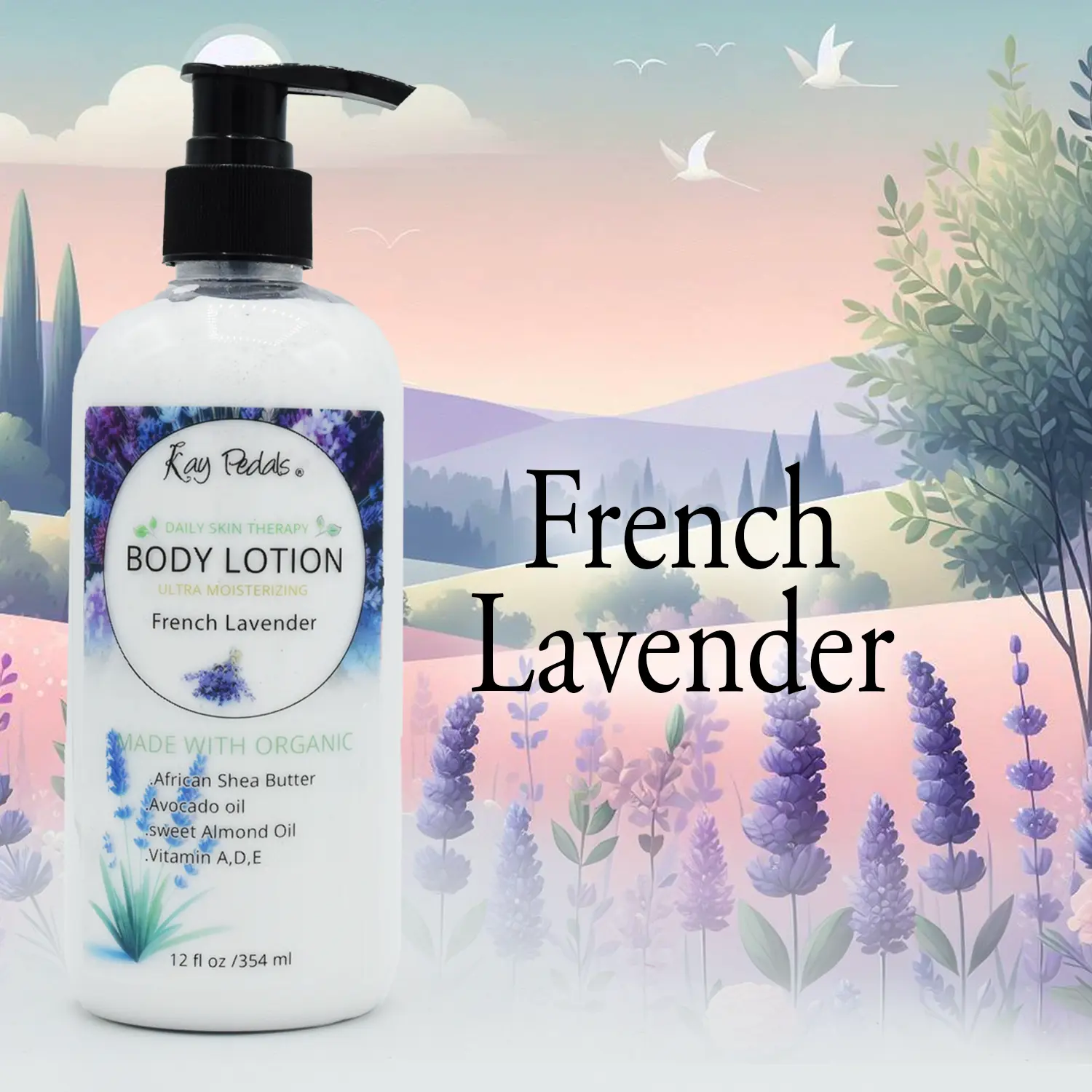 Kay Pedals French Lavender Organic Body Lotion 12 fl oz Ultra Moisturizing with African Shea Butter & Avocado Oil 350ml