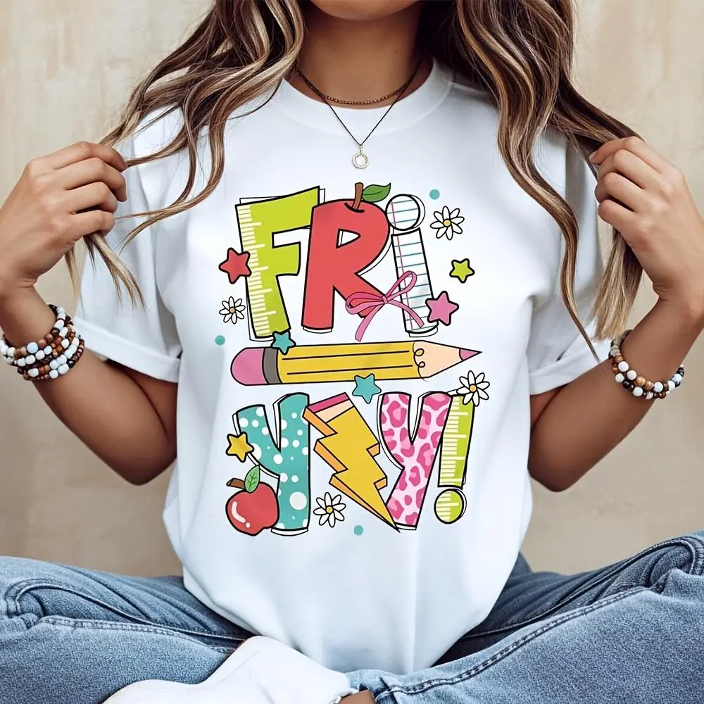 Colorful School Supplies Print Friday Yay T-Shirt, Back To School Theme, Casual Wear For Students And Teachers