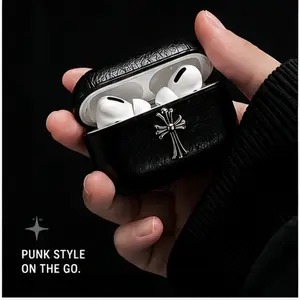 Gothic Cross AirPods Case Cover for AirPods Pro 2/Pro and AirPods 4, Black Punk Pebbled Leather-Look Protective Case with Keychain, Shockproof Anti-Drop Earbuds Case Cover, Charging Port Accessible, Wireless Charging Compatible, Gift for Men Women