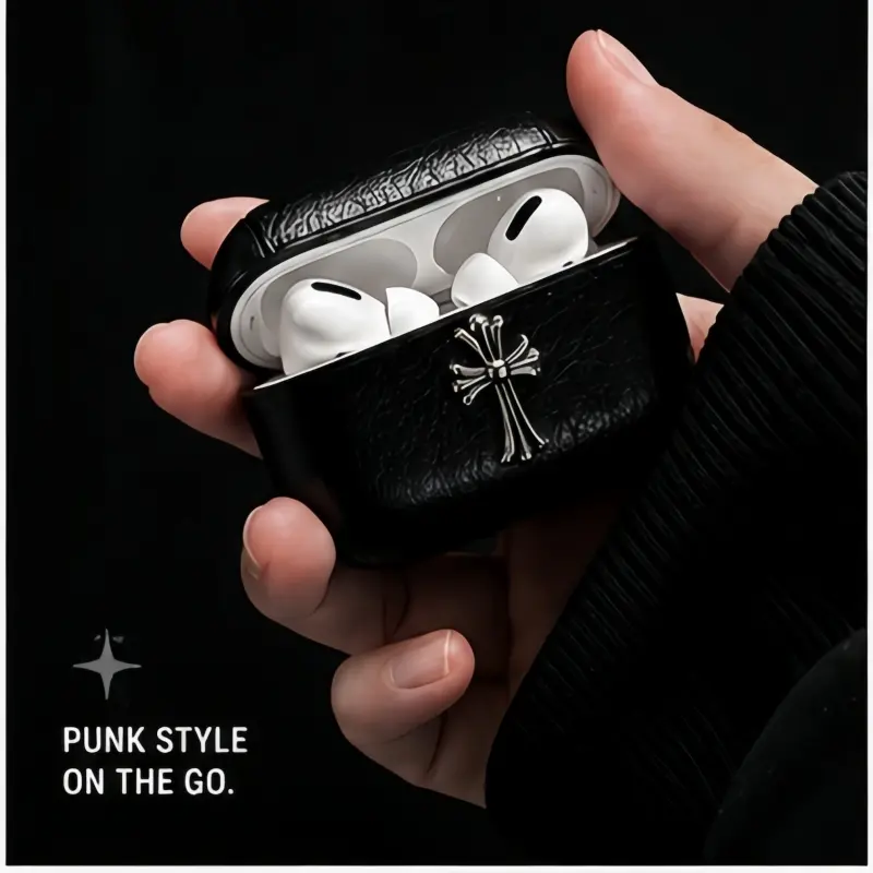 Gothic Cross AirPods Case Cover for AirPods Pro 2/Pro and AirPods 4, Black Punk Pebbled Leather-Look Protective Case with Keychain, Shockproof Anti-Drop Earbuds Case Cover, Charging Port Accessible, Wireless Charging Compatible, Gift for Men Women