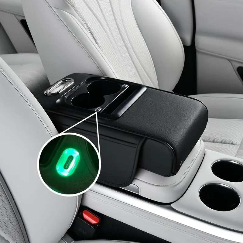 Modern Leather-Like Car Armrest Cover - Multi-Use Car Interior Stowing Organizer with Starlight Lamp, 2 Type-C Ports, Expandable Storage Box, Cup Holder, Phone Slot for Long Drives