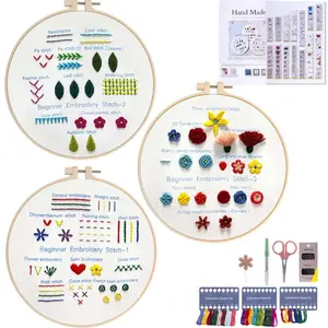3 Pack Embroidery Kit for Beginners & Adults Learn 33 Stitch Techniques with Floral Patterns, Complete DIY Kit with Hoop, Color Threads, Tools, Easy Instructions & Video-Great for Gifting