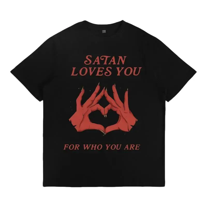 Men's Casual Short-Sleeve Round Neck Cotton Graphic T-Shirt - Seamless Plain Fabric, Soft Smooth Retro Distressed "Satan Loves You" Print, Loose Fit, Vintage Gothic Streetwear Top