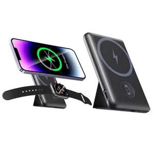 3-in-1 Magnetic Wireless Portable Charger 5000mAh, Power Bank with for Apple Watch Charger & Kickstand, Slim Magnetic Battery Pack for iPhone12-17 & iWatch, Travel Essentials for Users Chargeable