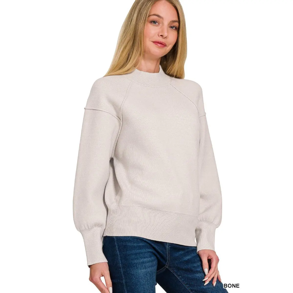 Zenana Viscose Mock Neck Exposed Seam Sweater - Long Sleeve Casual Minimalist Autumn Sweater with Soft Comfortable Feel and Trendy Edgy Vibe
