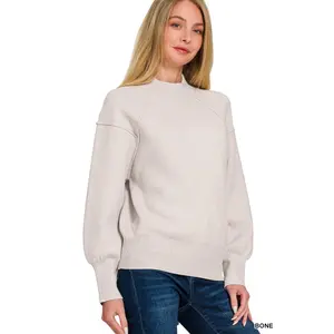 Zenana Viscose Mock Neck Exposed Seam Sweater - Long Sleeve Casual Minimalist Autumn Sweater with Soft Comfortable Feel and Trendy Edgy Vibe