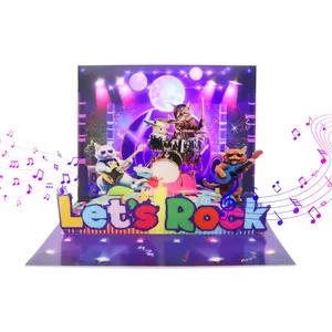 Musical Birthday Card Gift Cat 3D Pop Up Lets's Rock Party Rock and Roll Birthday Card with Music Birthday Decoration