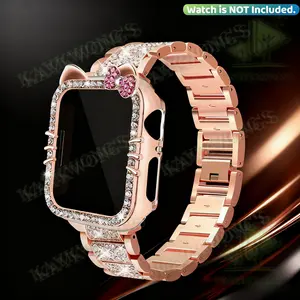KAYKWONG'S 2 in 1 Set includes Starry Sky Rhinestone Metal Band with Cartoon Cat Imitation Diamond Case, Compatible with iWatch Series 11/10/9/8/7/6/5/4/se, Fit for 38mm/40mm/41mm/44mm/45mm/49mm, Smartwatch Strap, Smart Watch Accessories