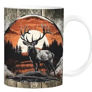 Hunting Fishing Mug Sublimation, Male Deer Hunting 11oz Coffee Cup, Bass Fish 15 oz Mug Wrap For Men, Dad Rustic Woodland Mug