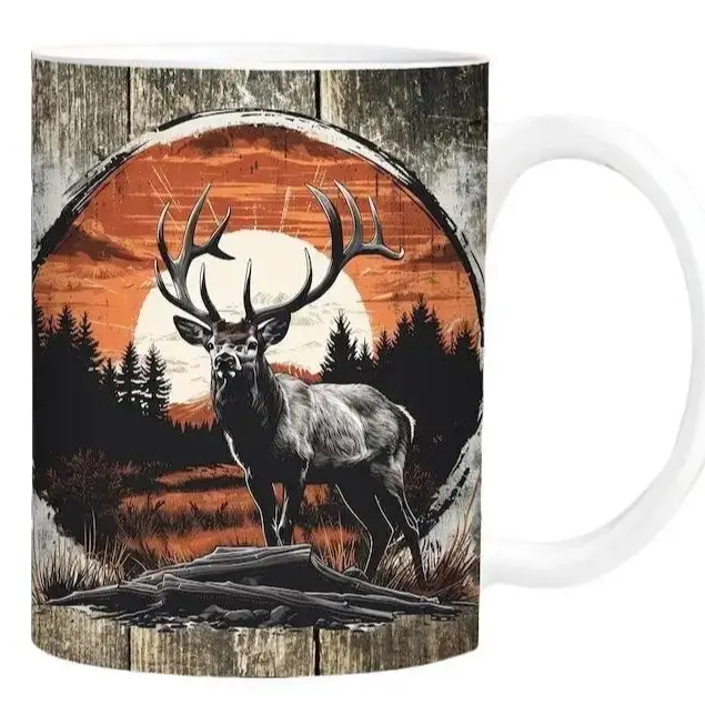 Hunting Fishing Mug Sublimation, Male Deer Hunting 11oz Coffee Cup, Bass Fish 15 oz Mug Wrap For Men, Dad Rustic Woodland Mug