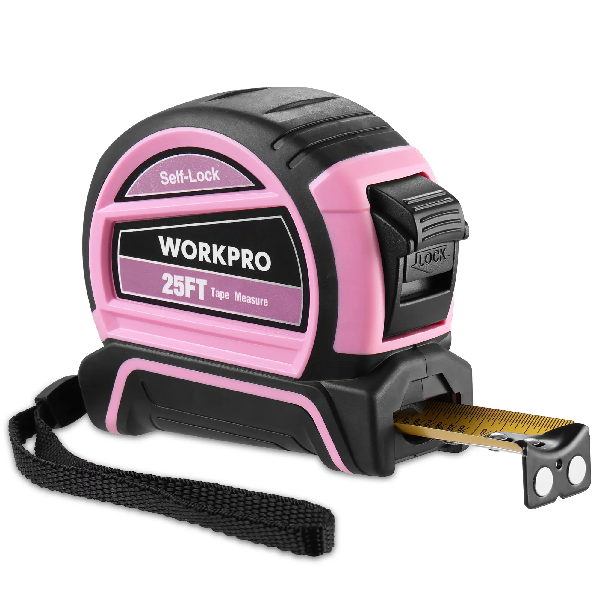 WORKPRO 25FT Pink Tape Measure, Dual Lock Tape Measure with Fractions Every 1/8" and 1/32" Accuracy, Quick Read, Nylon Coated with Magnetic Hook, Shock-Resistant Case and Belt Clip - Pink Ribbon