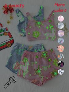 4 counts/2 set women's halloween print glow in the dark crop tank top & elastic waist shorts fluffy pajamas, casual comfortable loungewear for women, comfy loungewear for women, women's sleepwear for fall, fluffy pajamas