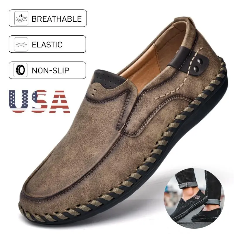 Men's Slip on Loafers Handmade Leather Shoes Working Boot Non-slip Driving Shoes