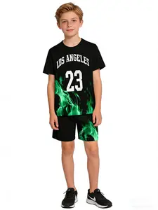 Boys Summer Tracksuit Set Flame Printed, Breathable Comfortable Casual Wear, School Streetwear, Unique Kids Clothing