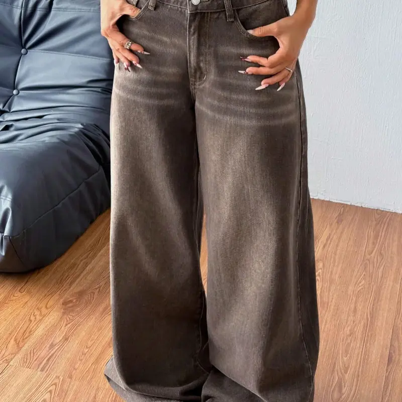 Women's Plain Pocket Wide Leg Jeans, Baggy Fit Jean, High Waisted Baggy Casual Comfy Denim Pants for Daily Wear, Ladies Bottoms for Summer