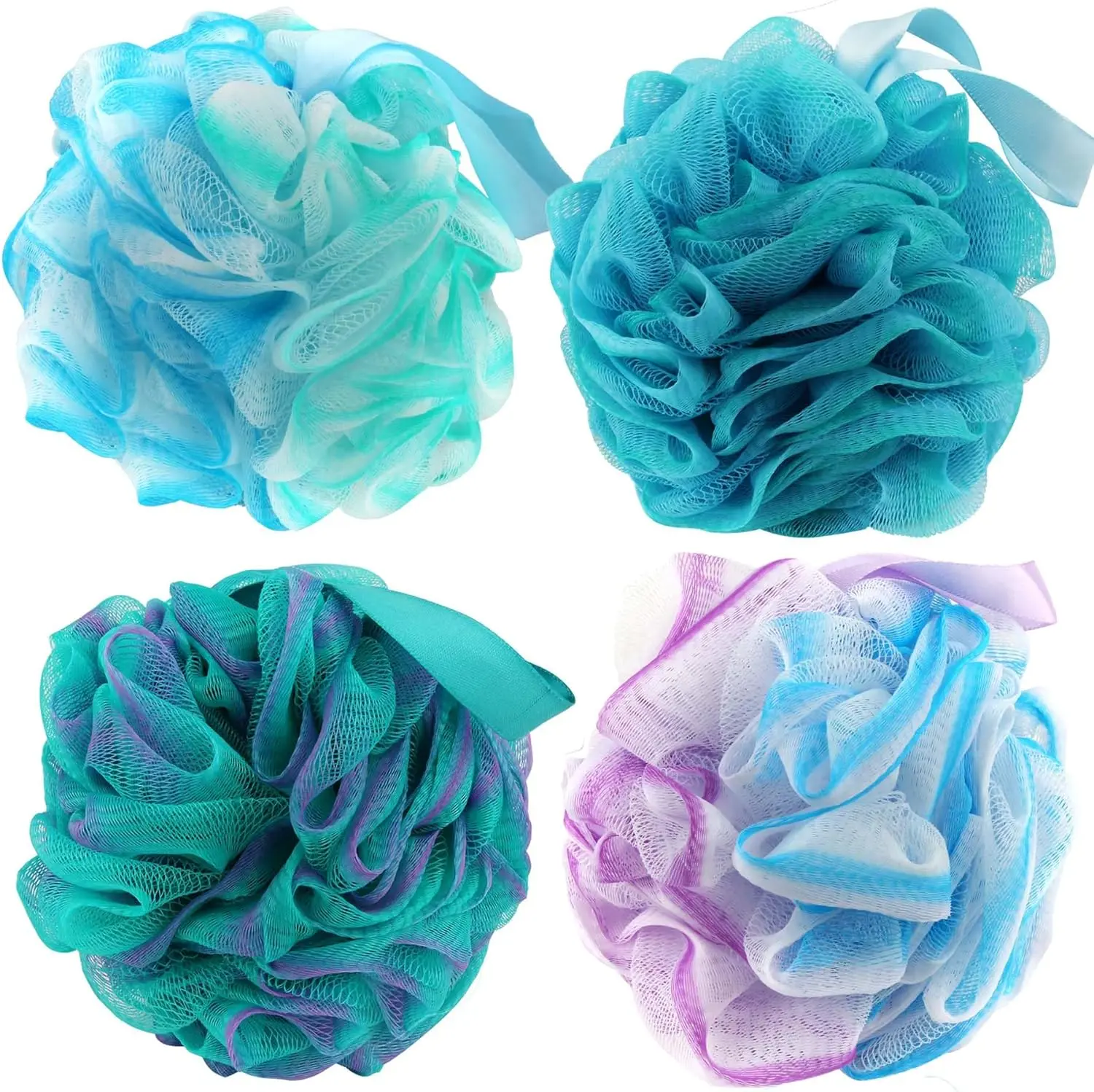 Bath Sponges Loofahs, 4 Pack Large 70g Shower Sponge Pouf Balls, Exfoliating Body Scrubber Loofa for Women, Men & Kids, Gentle Bath Shower Cleaning Accessories