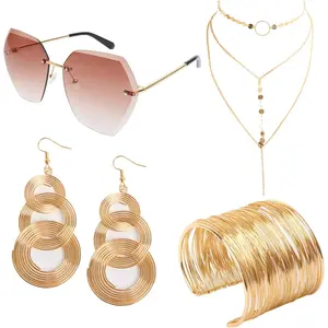 4 Piece 70s Disco Accessories for Party Halloween Cosplay 70s Disco Costume Accessory Set for Women with Luxuriant Coil Bracelet Disco Sunglasses Triple-layered Choker and Gold Disco Earrings