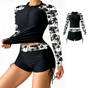 Tan Lines Sporty Long Sleeve Two Piece Swimsuit for Women Zip Tankini Black White Palm Print High Waist Shorts Summer Vacation Tummy Control Beach Ready Wetsuit
