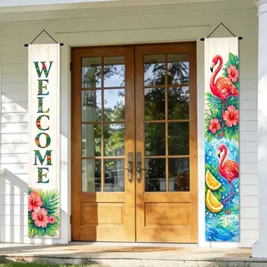 Summer Porch Decor Banner Set, 2pcs Polyester Tropical Flamingo Welcome Design, Party Decoration, Bohemian Style Outdoor Home Decor