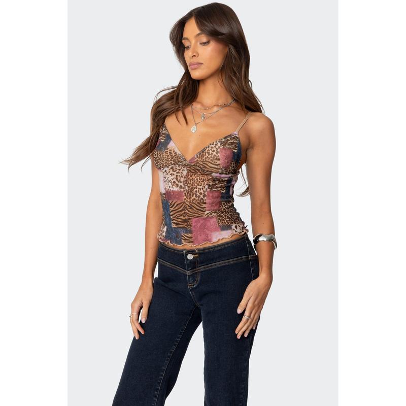 Mixed Animal Print Mesh Tank Top