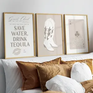 cowgirl western dorm room gallery wall art set of 3 unframed, preppy save water drink tequila poster, trendy retro funky neutral bar cart print