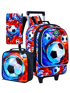 3PCS Rolling Backpack for Boys, Kids Roller Bookbag with Wheels, Soccer Wheeled School Backpack for Elementary Preschool Kindergarten(Fire-Ice), Funny Bag