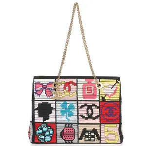 Pre-owned CHANEL fabric Tote Bags NY153666 Vintage Black Multicolor Needlepoint Precious Symbols Shoulder Bag