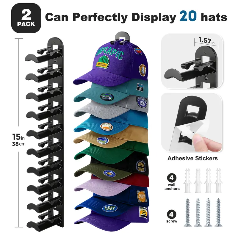 Hat Rack 2 Pack,Hat Hook for Wall Hold Up to 20 Hats, Hat Organizer for Baseball Caps with Strong Adhesive or Nail Multilayer Cap Holder Wall-Mounted Hat Holder on Wall Closet Door and Bedroom Hat Hangers for Wall Decoration Hat Storage Ideas for Men