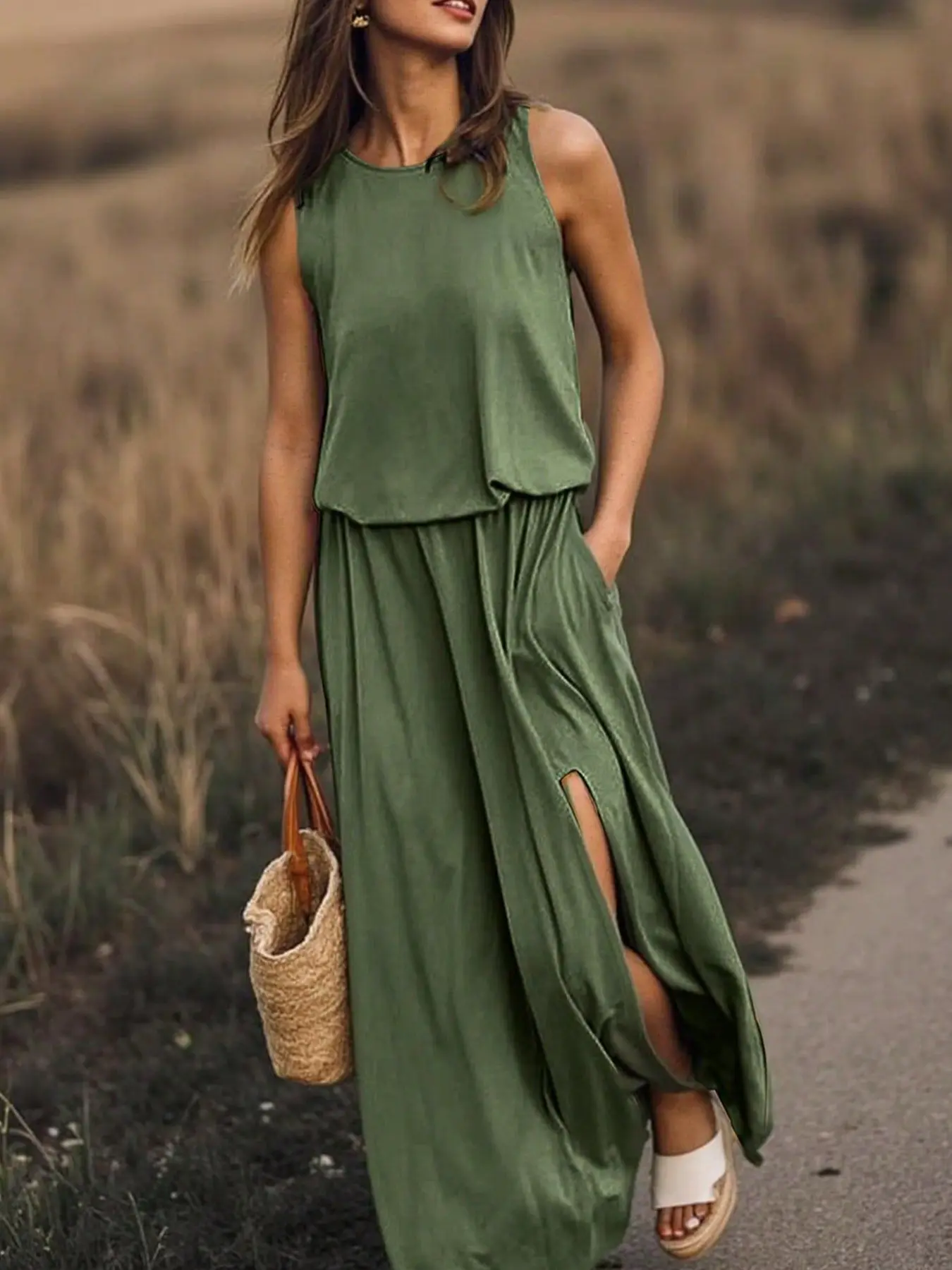 A set of women's casual dark green sleeveless dresses, Womenswear, with a Fitted waist cinched and A set of women's casual dark green sleeveless dresses, Womenswear, with a Fitted waist cinched and