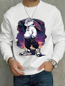 Men's Cartoon Rabbit Print Round Neck Sweatshirt, Regular Fit Casual Comfy Streetwear Fashion Long Sleeve Pullover for Daily Wear, Men's Loungewear Top for Fall & Winter