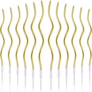 12 Pcs Twisted Birthday Candles Spiral Metallic Gold Cupcake Thin Long Cake Candles with White Holders for Birthday Wedding Party Novel Design Odor-Free Non-Toxic Quality Wax