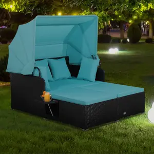 Outdoor Daybed, 2-Person Wicker Chaise Lounge with Retractable Canopy, Cushions & Pillows, 2 Side Trays, Patio Double Sofa PE Rattan Sunbed Lounger for Deck Poolside Garden Balcony