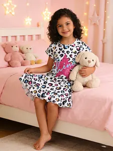Girls' Cartoon Leopard Print Starry Short Sleeve Long Nightdress, Casual Fitted Sleepwear, Summer Pajamas for Kids, Sleepwear Dresses