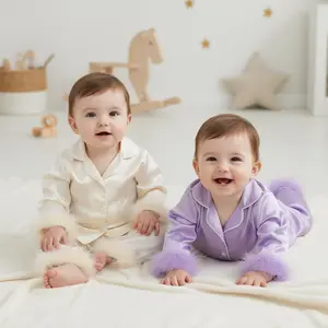 Girls' Satin Pajama Set with Feather Trim, Long Sleeve Button-Down Sleepwear for Kids, Luxury Nightwear in Pink/Black/Beige/Purple 2 Piece Set