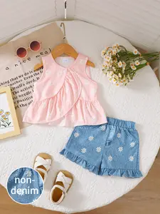 Ready Stock Sweet Summer Outfit for 6m-3y Baby Girls Daisy Print Gingham Sleevelss Top and Ruffled Shorts Set 2Pcs Clothing Pink 22503047